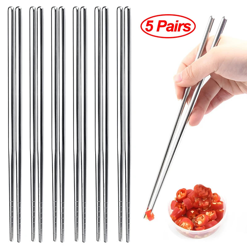 1/2/5 Pairs Chinese Chopsticks Stainless Steel Non-slip Sushi