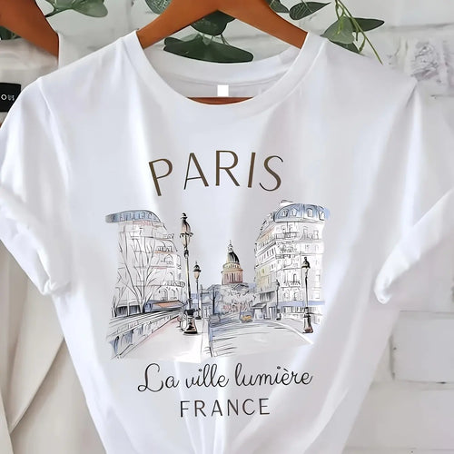 Paris Print T-shirt, Short Sleeve Crew Neck Casual Top for Summer &