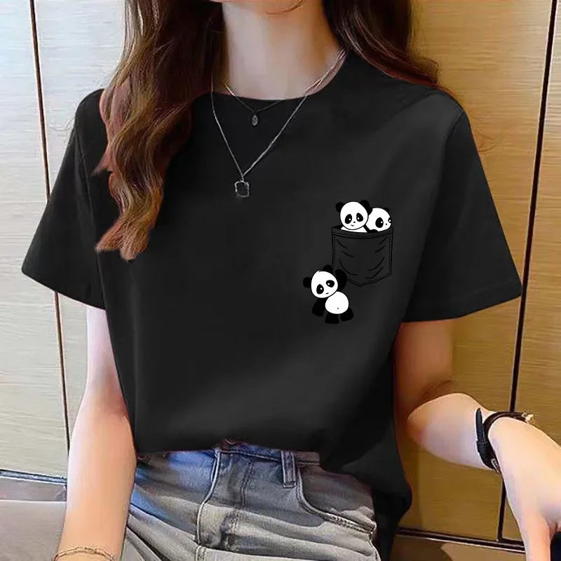 Women Short Sleeve Top Summer New Pocket Panda Cartoon Printed T-shirt