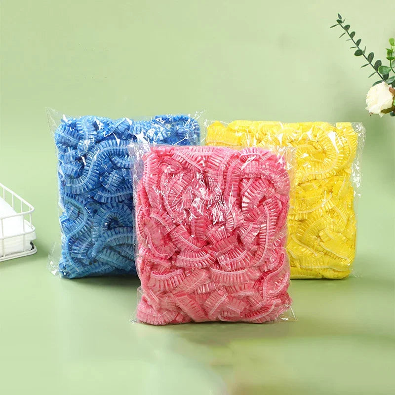 Women's Disposable Shower Cap, Plastic Waterproof Head Cover, Pink Spa