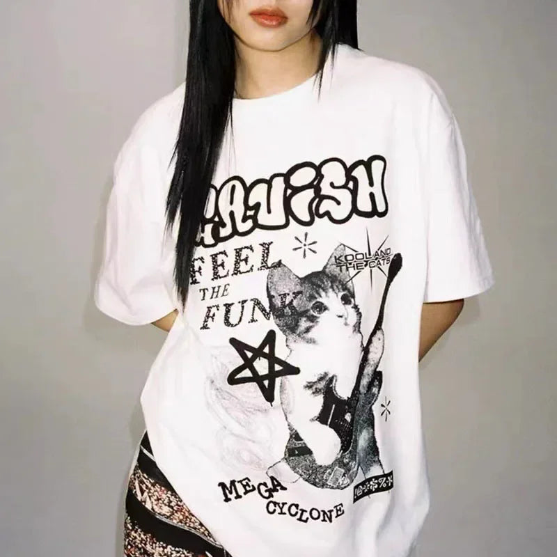 American Cat Rock Guitar Graphic Short Sleeve T-Shirt Loose Korean