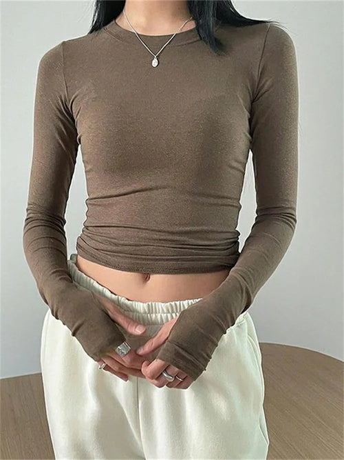 CHRONSTYLE Women Casual Slim Fit Long Sleeve O-Neck T-shirts Tops