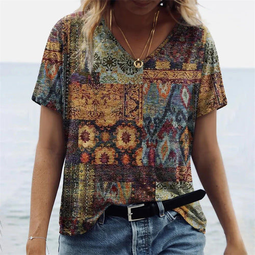 Women's T-shirts Summer Gradient Graphics Tops V Neck Fashion Female