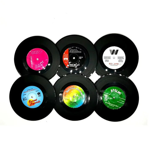 Set of 6 Colorful Retro Vinyl Record Disk Coasters for Drinks Vinyl