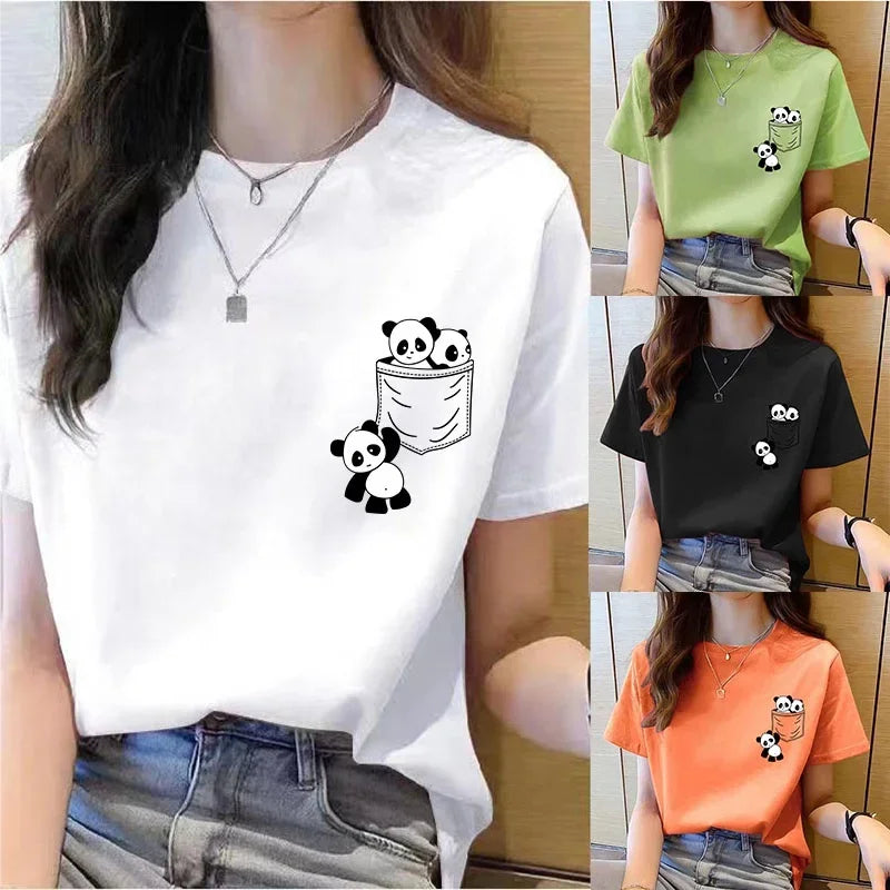 Women Short Sleeve Top Summer New Pocket Panda Cartoon Printed T-shirt