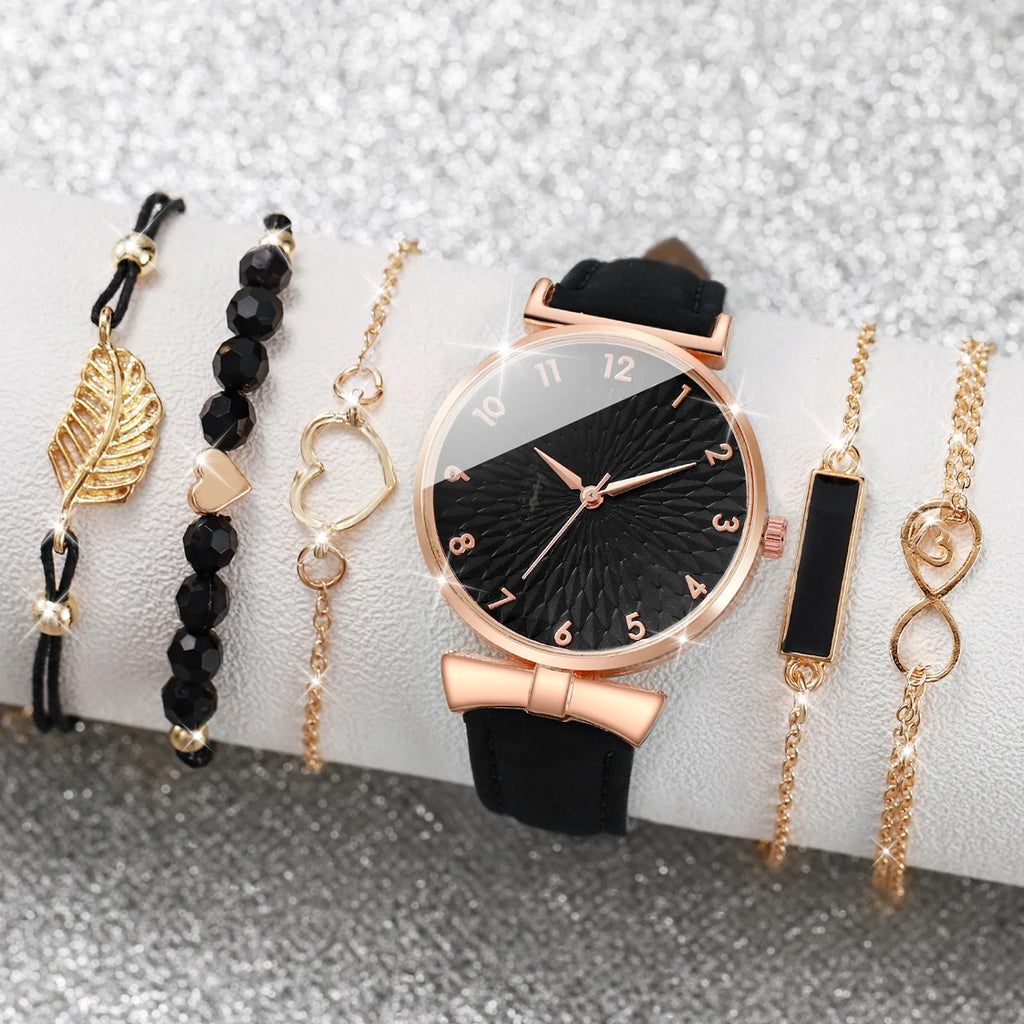 6pcs/set Women Watches Heart Leaf Bracelets Set Fashion Leather Band