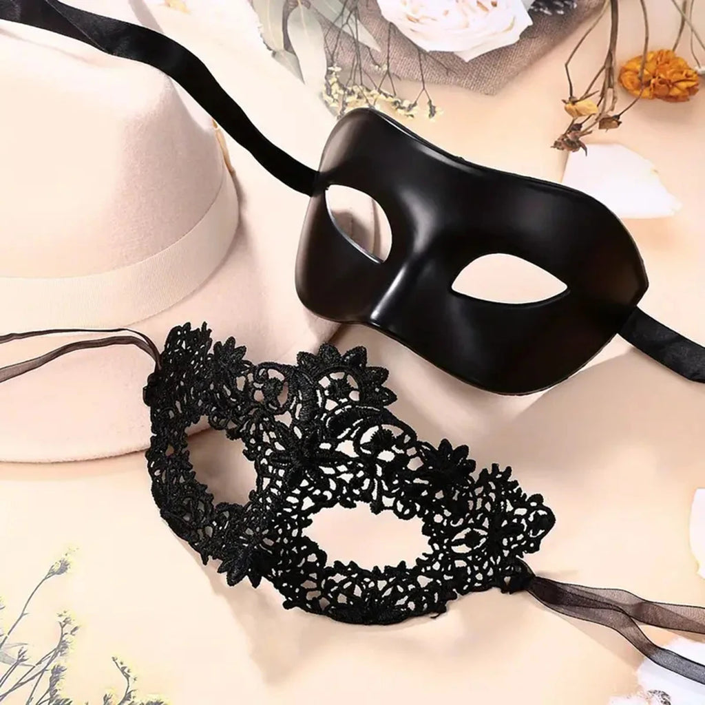 2pcs Elegant Black Lace Masquerade Mask Set for Couples - Perfect for