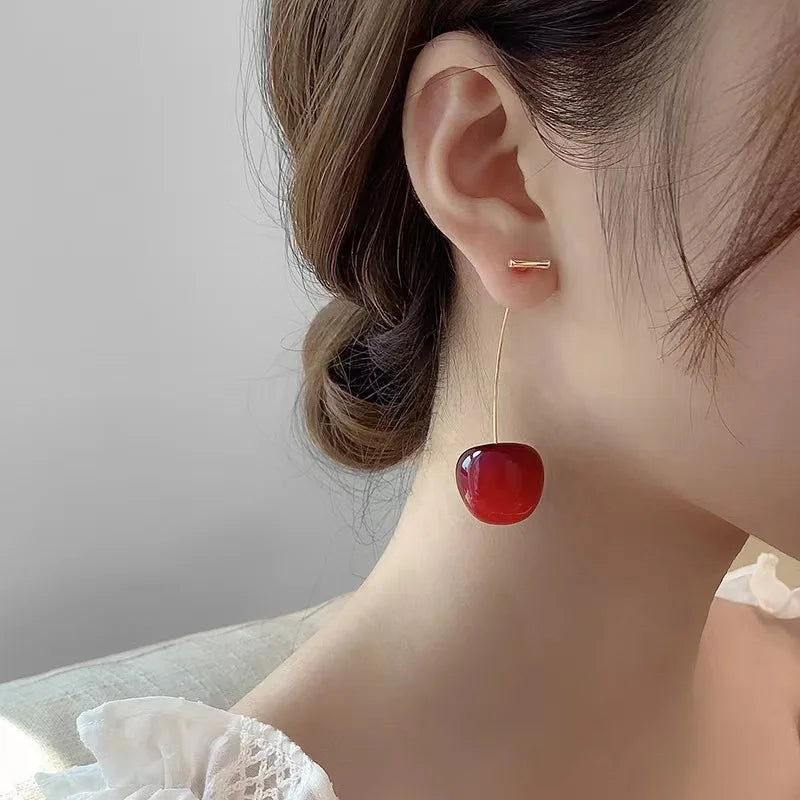 Sweet Red Cherry Earrings Ladies Fashion Delicate Fruit Design Drop