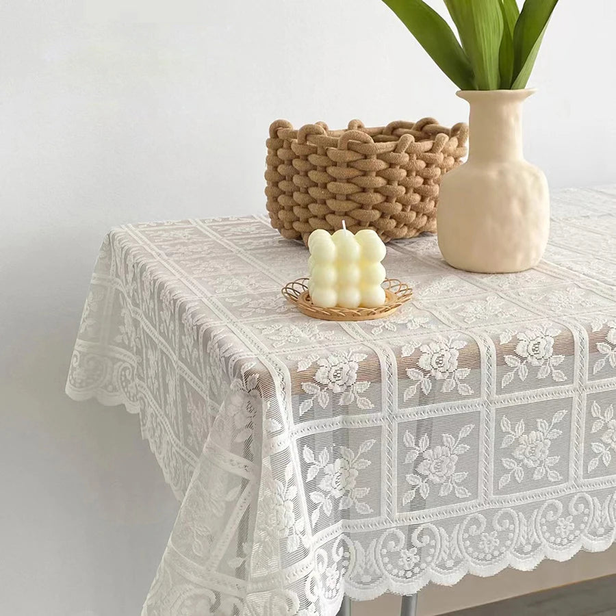 One Antique Embroidered Lace Tablecloth - Solid Color Elegant Flower