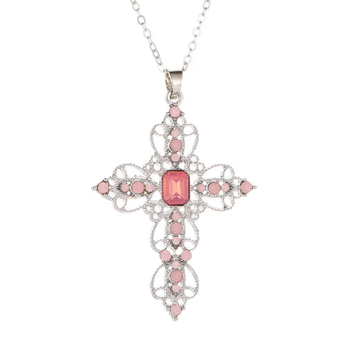 Y2K Punk Crystal Big Cross Pendant Necklaces for Women Men Gothic