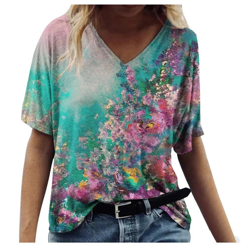 Women's T-shirts Summer Gradient Graphics Tops V Neck Fashion Female