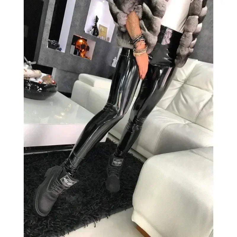Sexy Black PU Leather Tights Women High Waist Pants High Elastic Slim
