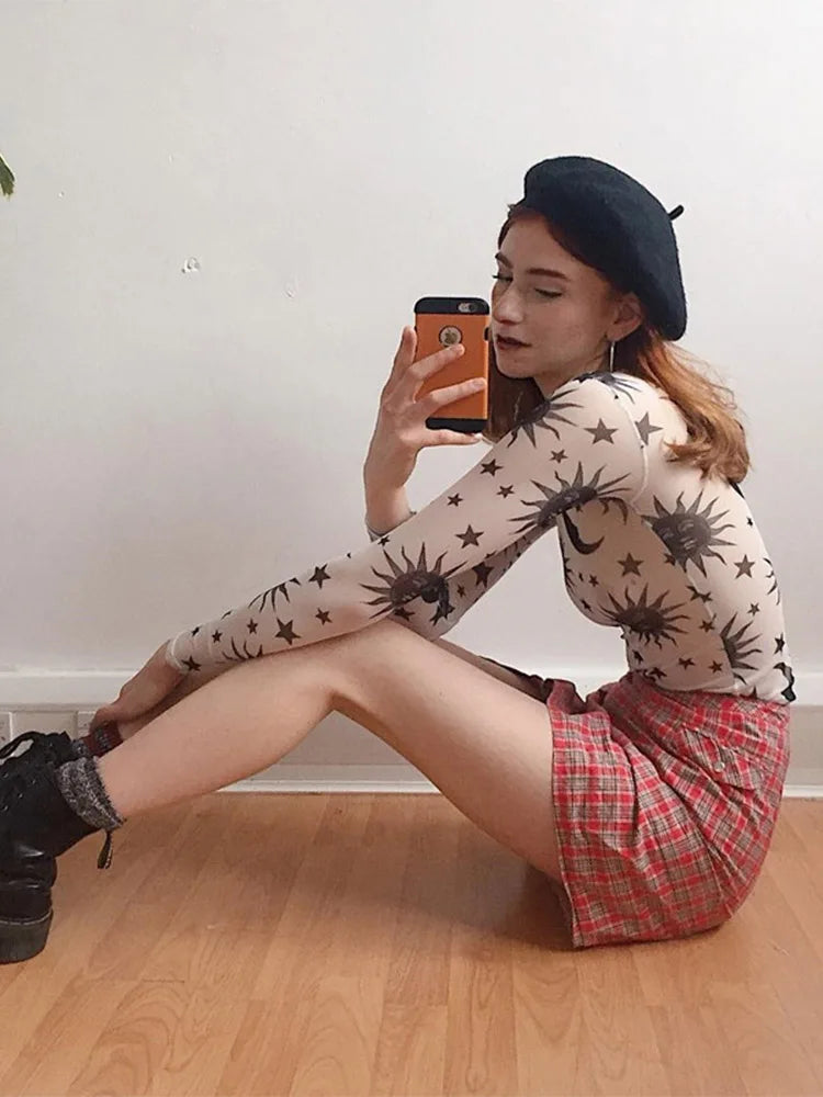 Sun Moon Printed Transparent Mesh Sexy T-Shirt Women O-Neck Long