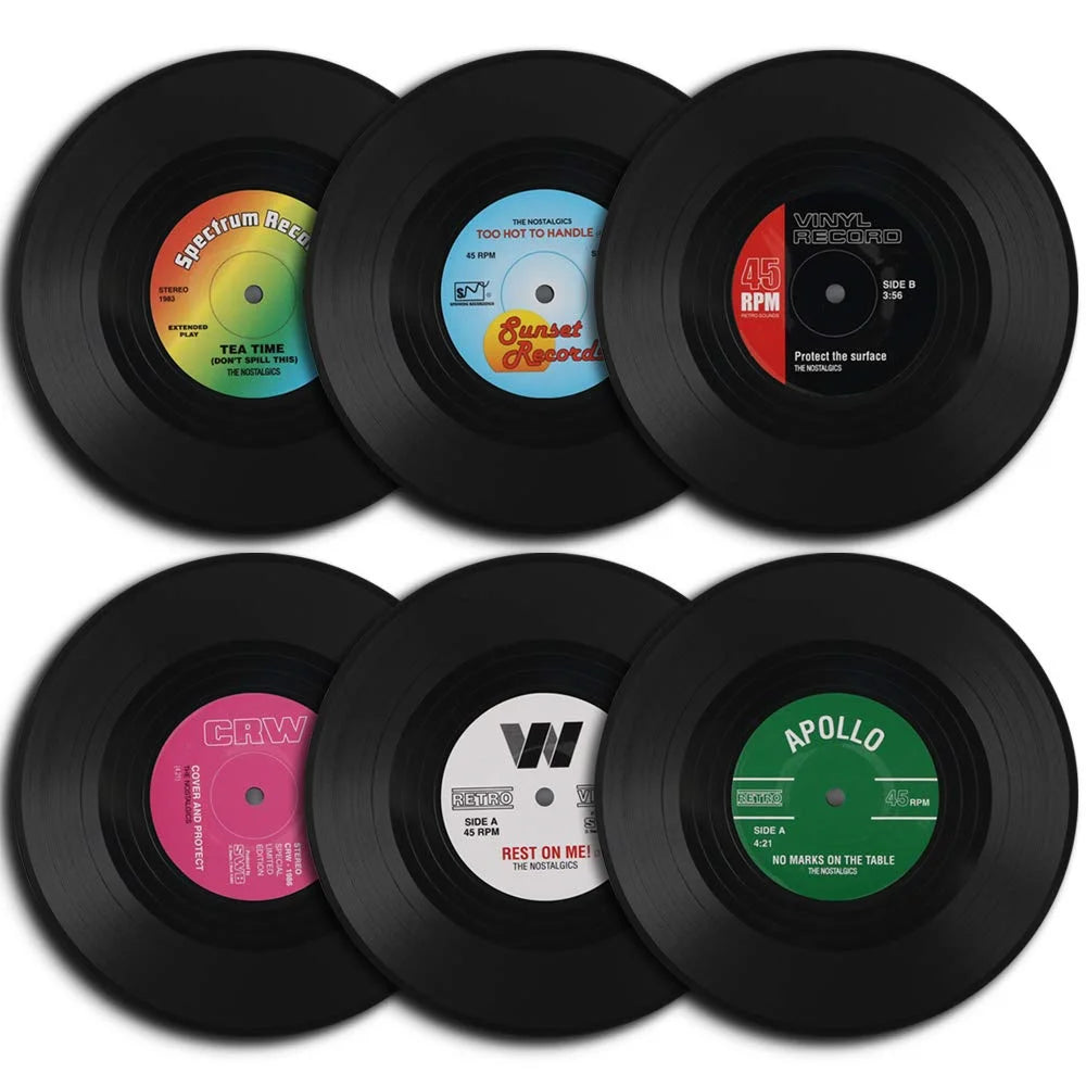 Set of 6 Colorful Retro Vinyl Record Disk Coasters for Drinks Vinyl