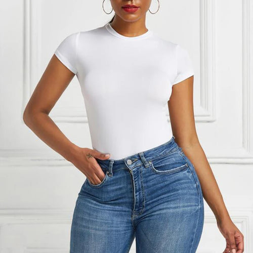 Solid One Piece Bodysuit Short Sleeve O Neck Sexy Open Basic Overalls