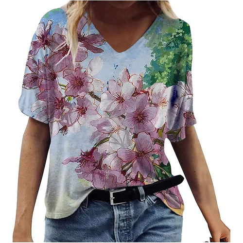 Women's T-shirts Summer Gradient Graphics Tops V Neck Fashion Female
