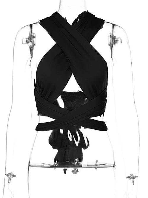 Women Strappy Cross Over Front Cut Out Halter Neck Sleeveless Backless