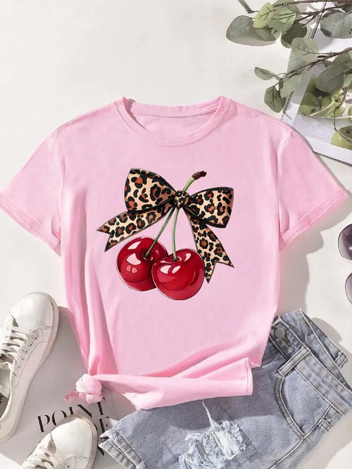 Fashion Cherry Print Women T-Shirt Short Sleeve Crew Neck Casual Tops