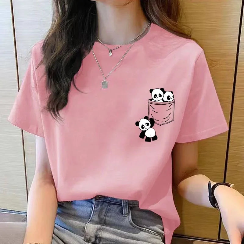 Women Short Sleeve Top Summer New Pocket Panda Cartoon Printed T-shirt