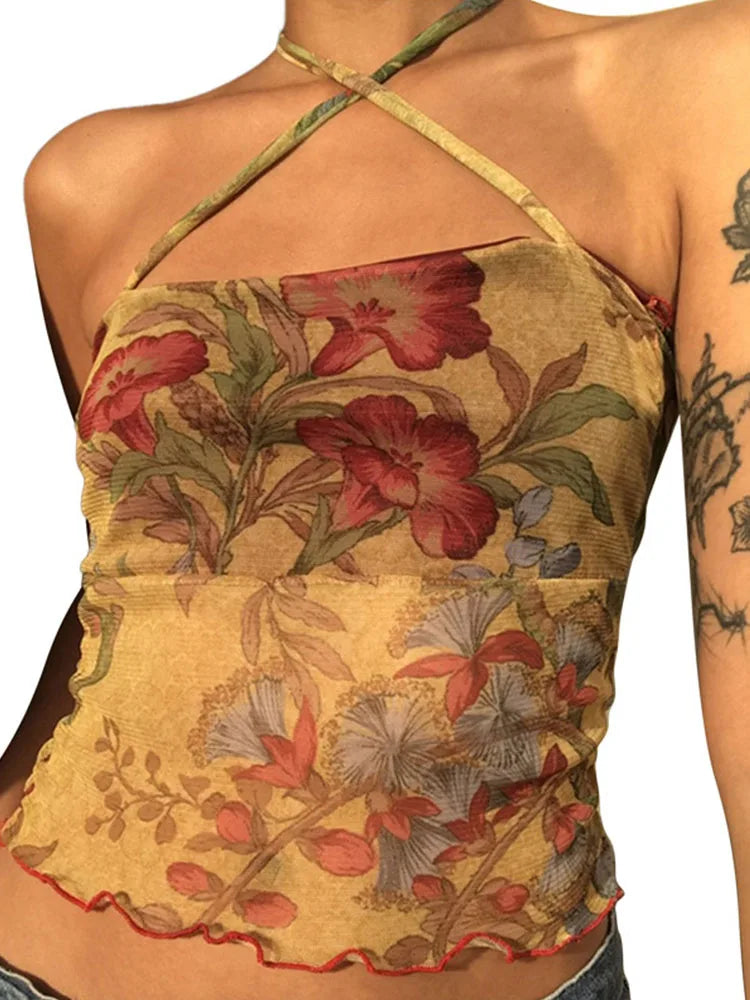 Y2K Mesh Sheer Floral T-shirt Vintage halter Tops Women Sleeveless