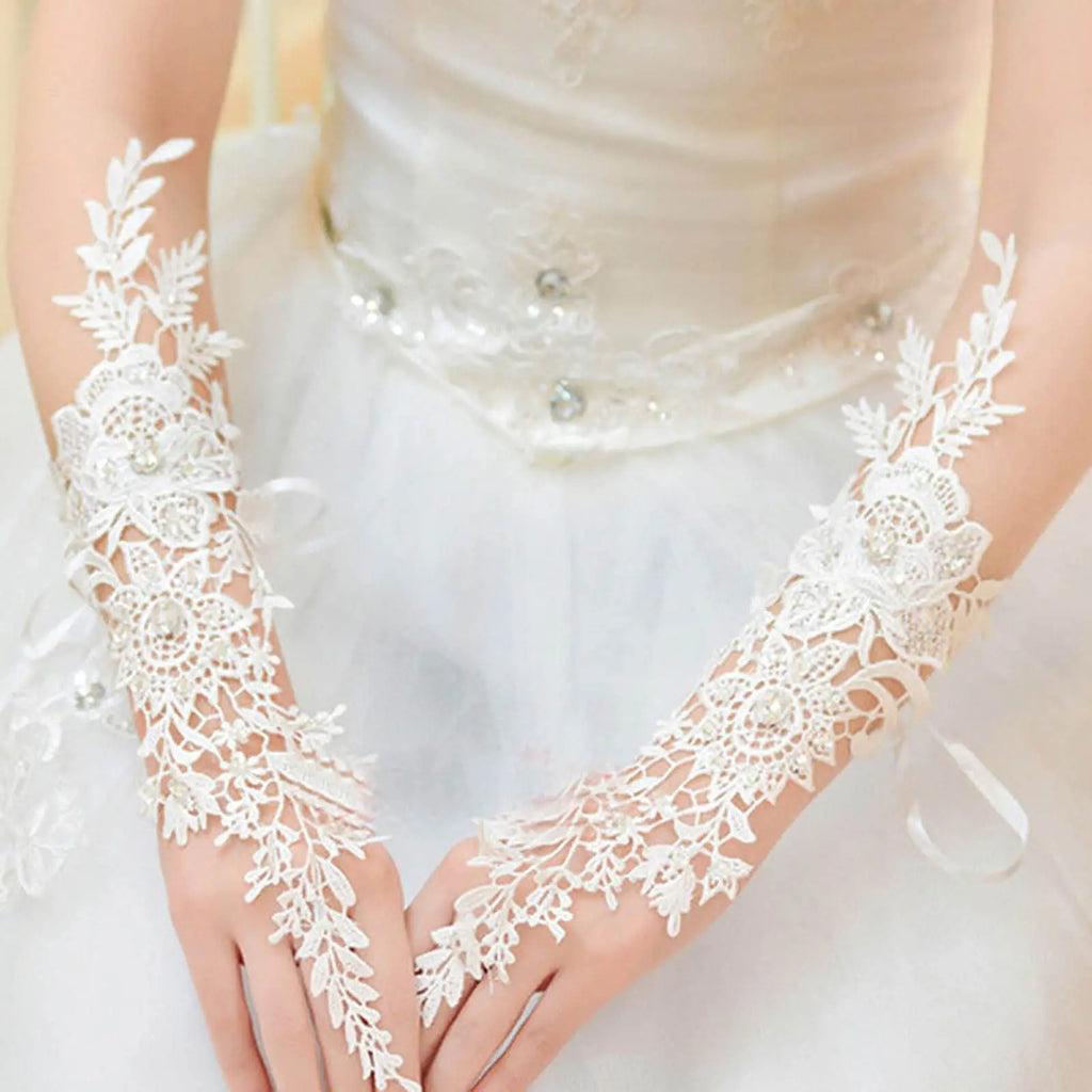 Lace Crystal Women’s Wedding Gloves Fingerless Elbow Bridal Floral