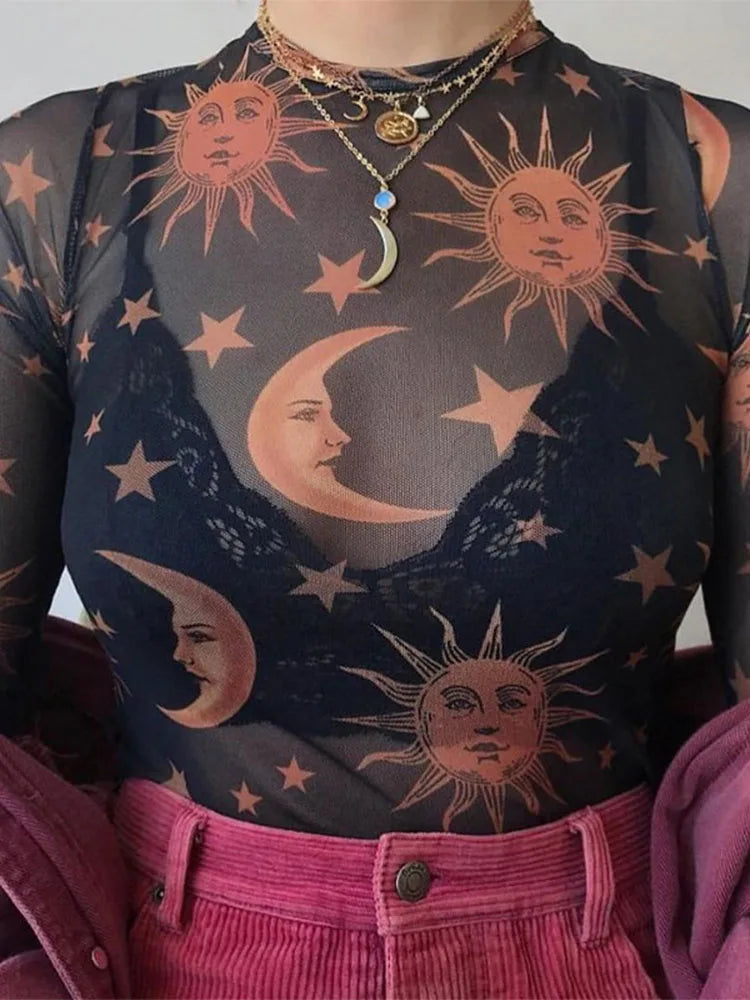 Sun Moon Printed Transparent Mesh Sexy T-Shirt Women O-Neck Long