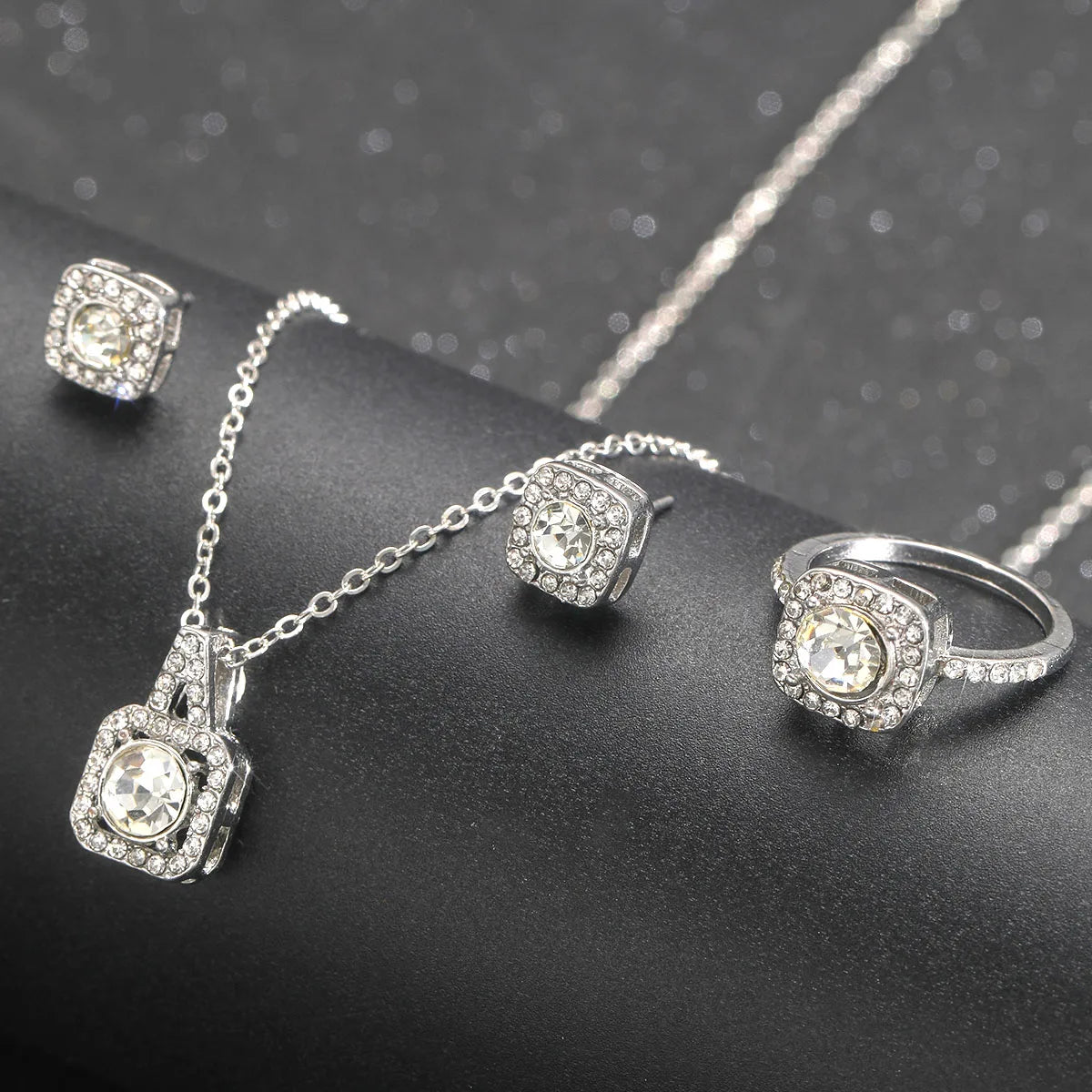 Luxury Square Zircon Crystal Earring Necklace Ring 3 Piece Set for