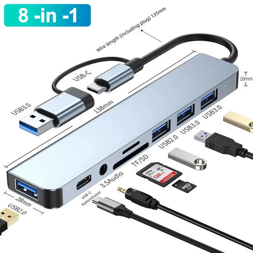8 Port USB Hub Type C 2 in 1  Multiport Adapter Splitter USB 3.0 2.0
