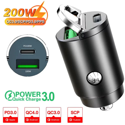 100W/200W QC3.0 PD Mini Car Charger 12-24V Lighter Fast Charging Car