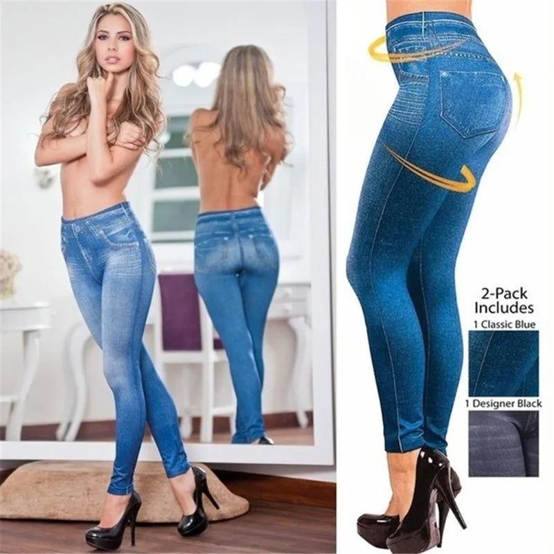 European American High Elasticity Denim Printed Leggings Women's High