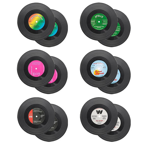 Set of 6 Colorful Retro Vinyl Record Disk Coasters for Drinks Vinyl