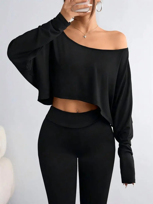 Women'S Black Long Sleeve Blouse T-shirt Casual Asymmetrical Neck