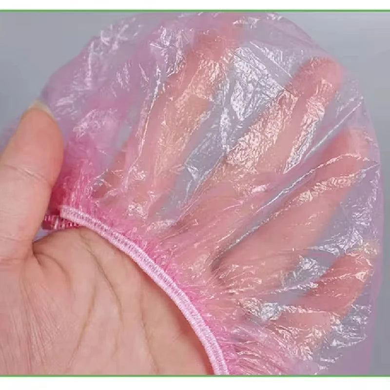 Women's Disposable Shower Cap, Plastic Waterproof Head Cover, Pink Spa